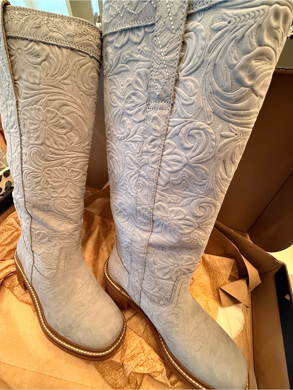 Kate Pull On Steel Blue Floral Boots - Size 6.5M